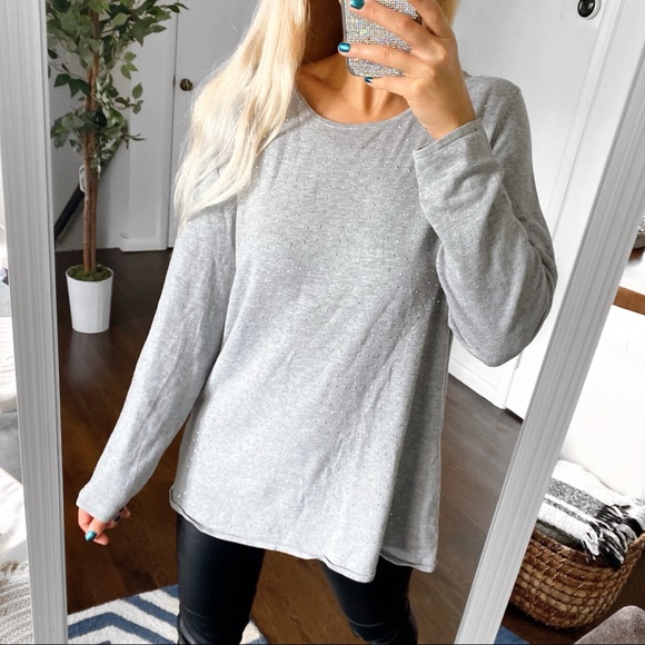 🐚 BONITA GREY SILVER RHINESTONE LONG SLEEVE KNIT TOP! - Picture 1 of 13